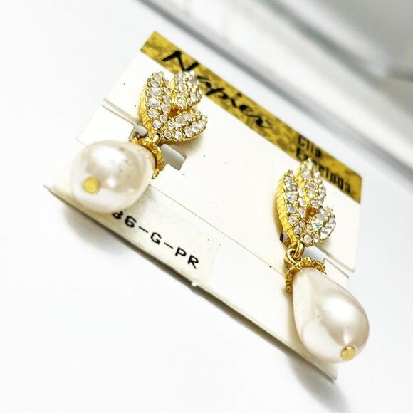 Napier Vintage Pave Crystal & Pearl Drop Clip Earrings - Picture 3 of 6